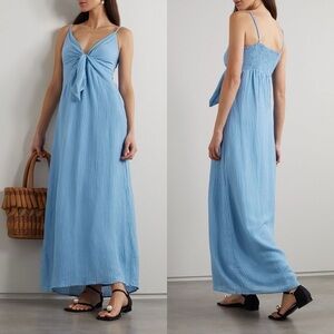 NWT Faithfull The Brand Verona Twist-Front Linen Blend Midi Dress Chambray Blue